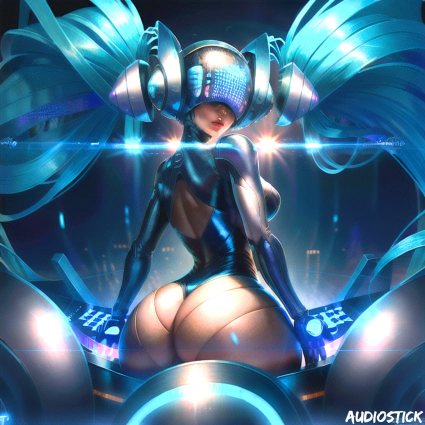 ai_generated ass audiostick blue_hair bodysuit breasts colorful dj dj_sona from_behind headgear headphones headwear helmet hi_res high_resolution highres large_ass league_of_legends looking_at_viewer looking_back riot_games skin_tight skintight small_waist sona_buvelle stable_diffusion tight_clothing watermark wide_hips