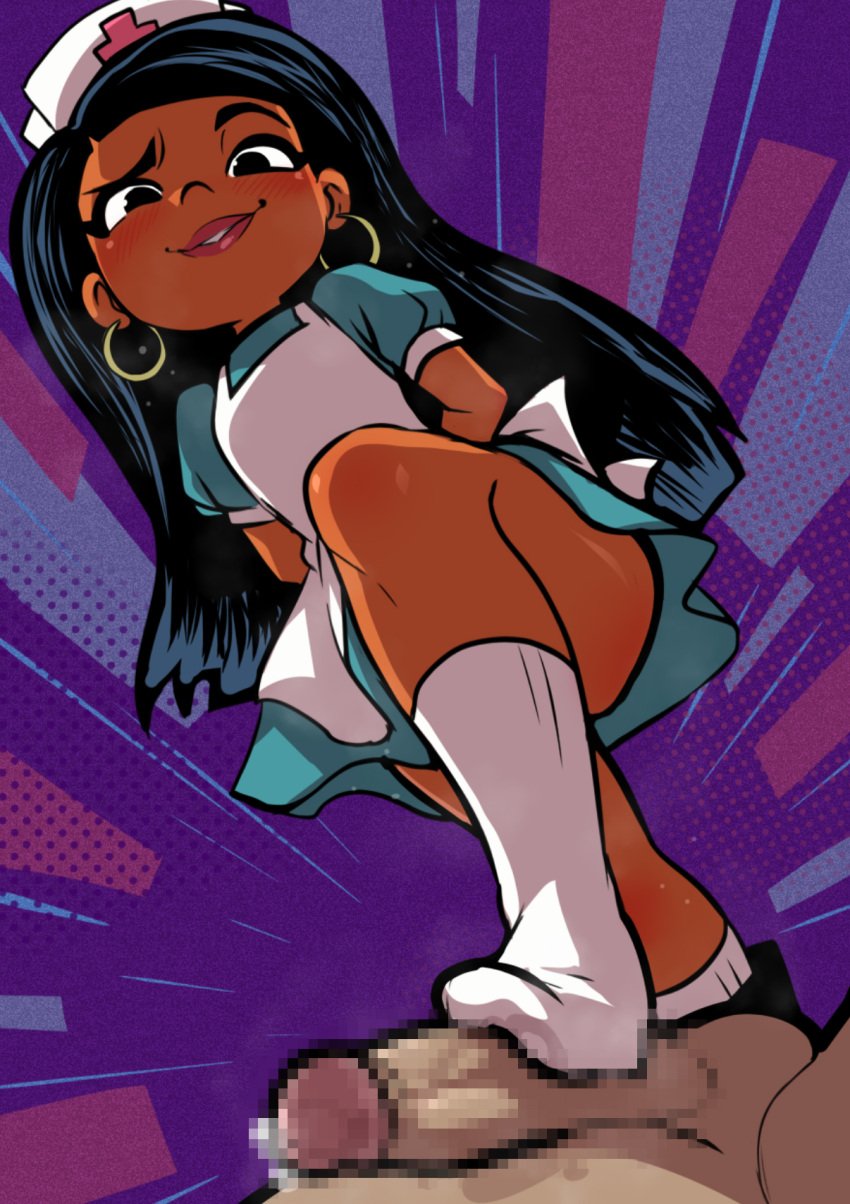 1boy 1girls below_view black_hair casey_calderon censored dark-skinned_female dark_skin disney disney_channel footjob footjob_with_one_foot interracial jcm2 latina marvel marvel_comics moon_girl_and_devil_dinosaur nurse nurse_uniform partial_male sockjob socks