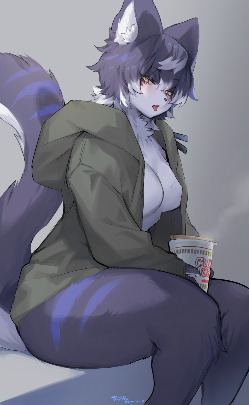 1girls absurd_res anthro blue_body blue_fur blush breasts clothed clothing cup cup_noodles digital_media_(artwork) domestic_cat felid feline felis female female_anthro fur furry hair hi_res jacket kemono looking_at_viewer mammal open_mouth purple_fur purple_hair simple_background solo solo_female suurin_(ksyaro) tail thick_thighs white_fur white_hair yellow_eyes