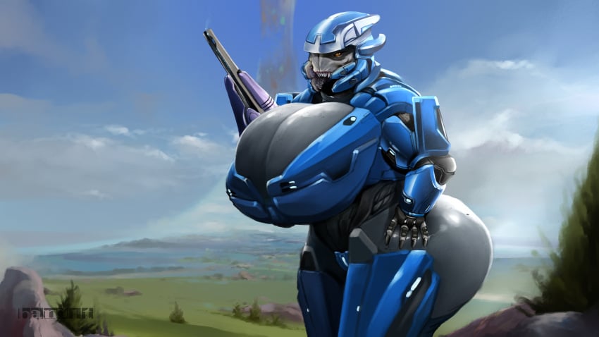 16:9 alien armor armored band1tnsfw bbw big_breasts big_butt blue_armor blue_clothing busty clouds digital_art digital_drawing_(artwork) digital_media_(artwork) digital_painting_(artwork) elite_(halo) female female_focus female_sangheili grabbing_thigh halo_(series) halo_ring orange_eyes outdoors outside overweight overweight_female pinup rifle sangheili thick_thighs thigh_grab