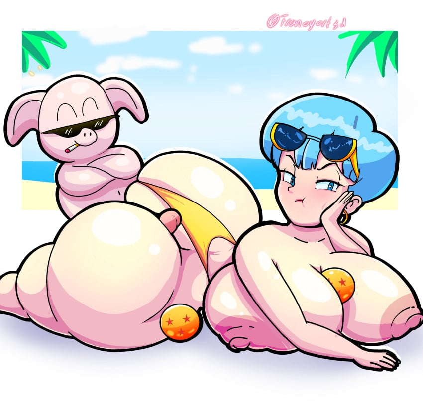 beach big_ass big_breasts bulma bulma_briefs buttjob covered_buttjob dragon_ball dragon_ball_(object) dragon_ball_super dragon_ball_z francyart34 milf oolong size_difference visible_nipples