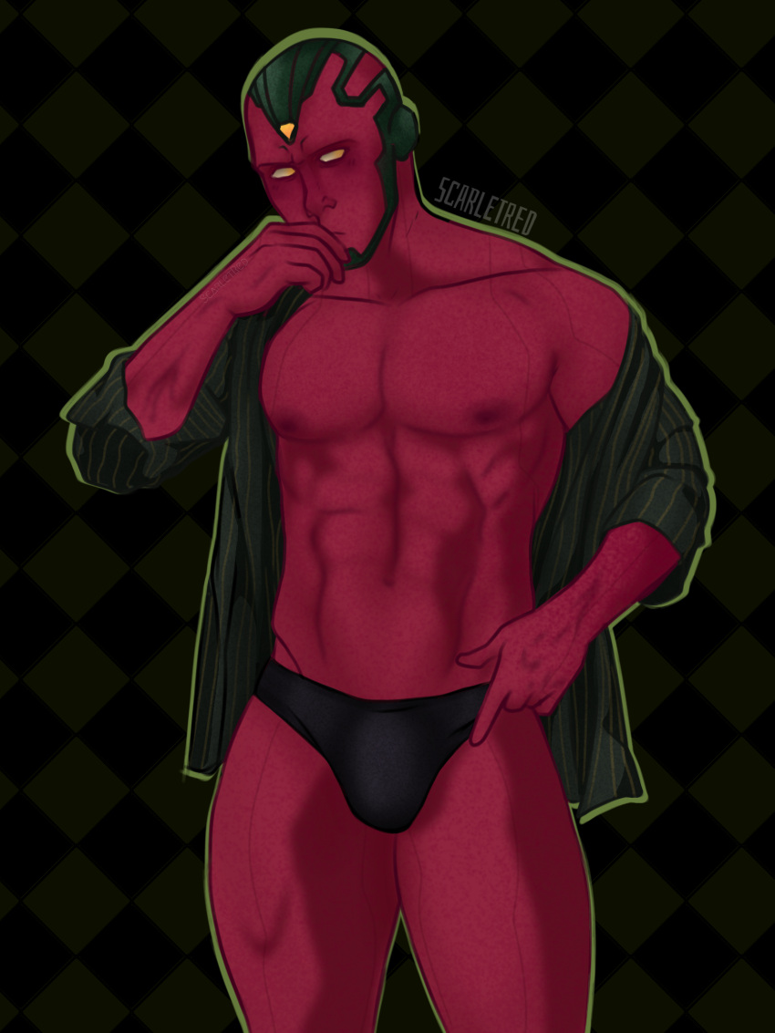 1boy abs avengers biceps big_chest big_pecs bulge dilf glowing_eyes male male_only marvel marvel_comics muscular muscular_male pecs red-skinned_male red_skin robot scarletred smooth_chest smooth_skin solo solo_male synthezoid thick_thighs thong underwear vision