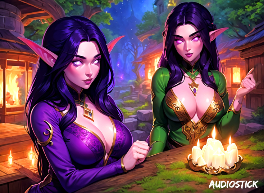 2girls ai_generated audiostick breasts candle candlelight cleavage colored colorful detailed_background dress elf elf_ears elf_female elf_girl female female_only glowing_eyes grass large_breasts long_sleeves looking_at_viewer medium_breasts night night_elf pink_eyes purple_hair stable_diffusion tree vibrant warcraft watermark world_of_warcraft wow