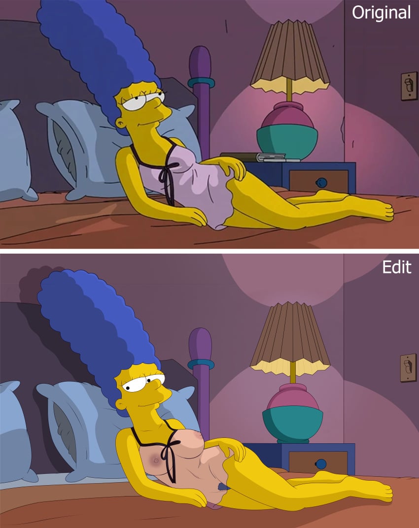 accurate_art_style bed bedroom big_breasts blue_hair breasts comparing edit gp375 lingerie marge_simpson milf pubic_hair screencap sheer_clothes the_simpsons third-party_edit yellow_body