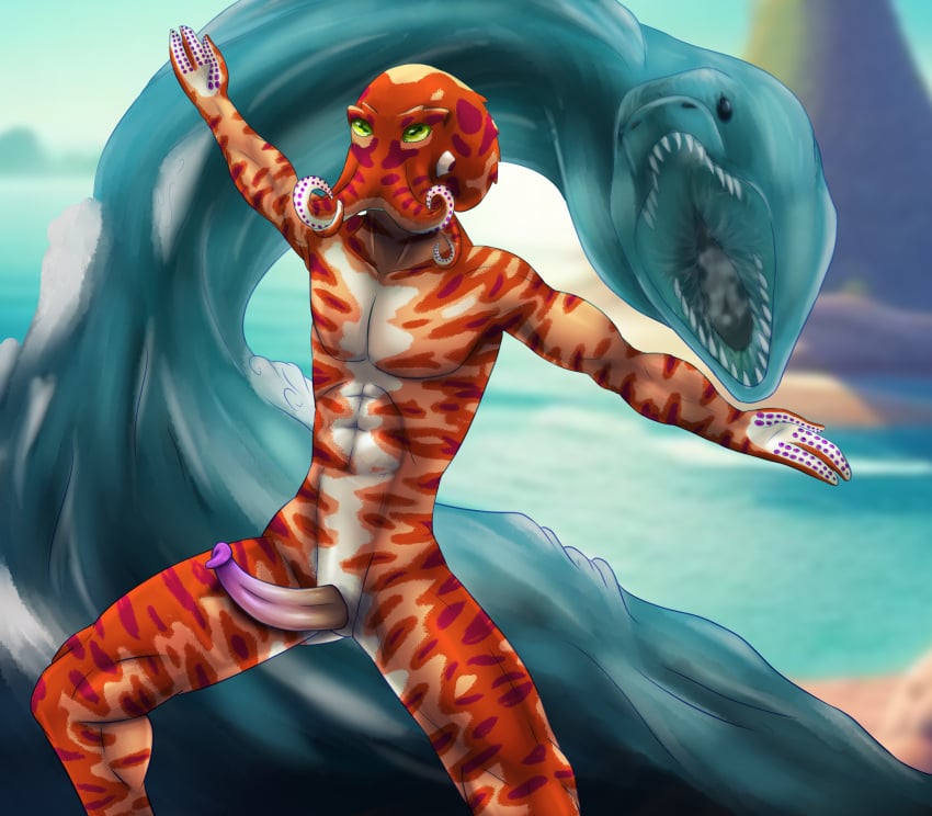 abs absurd_res animal_genitalia animal_humanoid animal_penis anthro beach biceps cephalopod cephalopod_humanoid coleoid detailed_background digital_media_(artwork) eel elemental_manipulation erection finger_tentacles fish genitals hi_res howlfeiwolf humanoid island looking_at_viewer magic magic_user male marine marine_humanoid markings mollusk mollusk_humanoid moray_eel multicolored_body muscular muscular_anthro muscular_male nude octopodiform octopus octopus_humanoid open_mouth orange_body outside pecs penis prehensile_penis sea seaside solo solo_focus stripes suction_cup teeth water water_manipulation