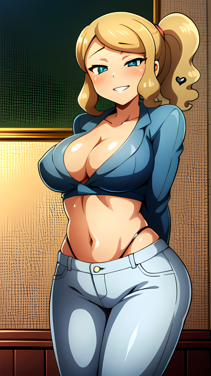 1girls ai_generated arms_behind_back blonde_hair blue_jeans cleavage corruption crop_top evil_grin hair_ornament jeans navel nintendo pokemon pokemon_ss portrait seraphim_ai side_ponytail sonia_(pokemon) stable_diffusion standing