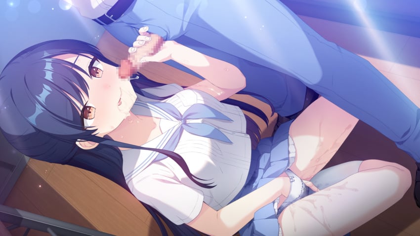 1boy 1girls :p after_fellatio belt belt_buckle black_belt black_hair blue_neckerchief blue_pants blue_skirt blush brown_eyes buckle censored closed_mouth clothes_lift collared_shirt cum cum_in_mouth dress_shirt dutch_angle female female_masturbation fingering game_cg hand_in_panties handjob highres indoors kneehighs koruri long_hair masturbation miniskirt mosaic_censoring neckerchief neko_to_wakai_seyo! open_fly panties pants penis pleated_skirt pussy_juice sailor_collar sailor_shirt shirt short_sleeves skirt skirt_lift small_penis smile socks straight sunlight tachibana_seika tongue tongue_out underwear very_long_hair white_sailor_collar white_shirt white_socks yasaka_yuuki