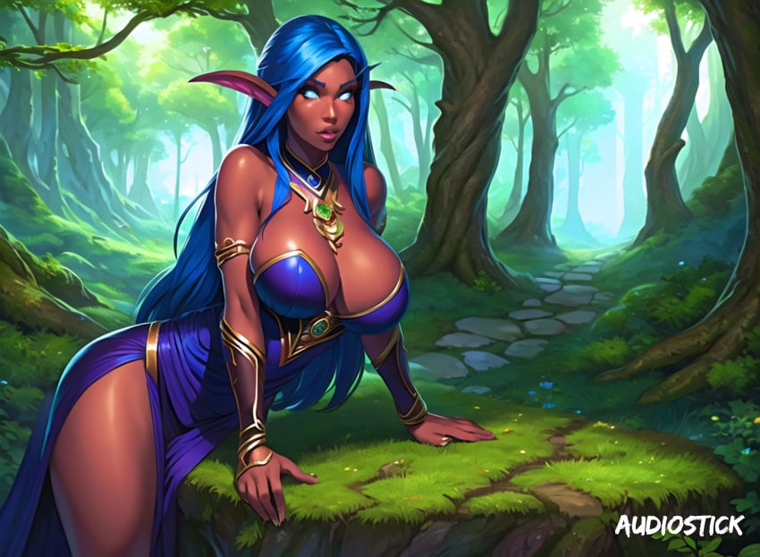 1girls ai_generated audiostick blue_hair breasts cleavage colored colorful detailed_background dress elf elf_ears elf_female elf_girl forest glowing_eyes grass huge_breasts large_breasts looking_at_viewer night_elf path seductive solo stable_diffusion thighs tree trees vibrant warcraft watermark world_of_warcraft wow