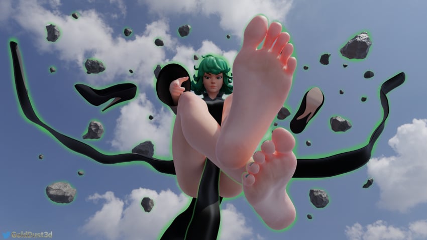 3d 4k alternate_costume bare_legs barefoot black_dress black_footwear blue_sky bottomless cloud debris dress femdom flying foot_fetish golddust3d green_eyes green_hair high_heels highres kiriko_(overwatch) levitation long_sleeves looking_at_viewer official_alternate_costume one-punch_man outdoors overwatch pelvic_curtain pointing_at_viewer rocks shoes_removed sky soles solo solo_female tatsumaki tatsumaki_(cosplay) telekinesis terrible_tornado_kiriko toes viewed_from_below