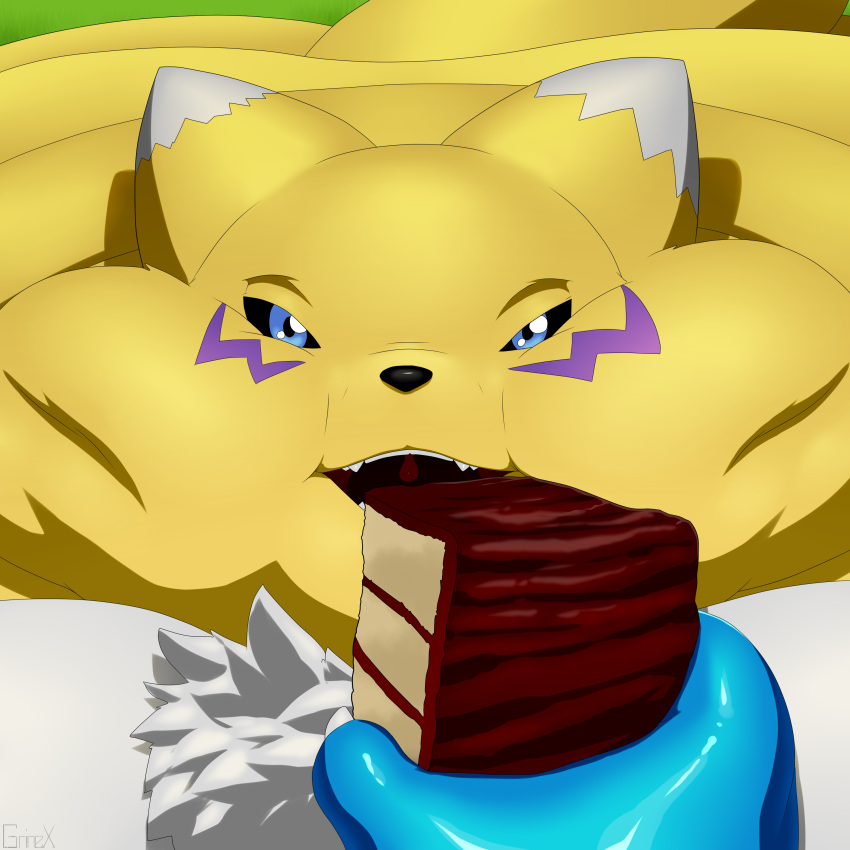 bbw cake digimon digimon_(species) eating_cake fat feeding female fox fox_ears fox_girl grinex happy nah offscreen_character offscreen_male pov renamon ssbbw weight_gain yellow_fur