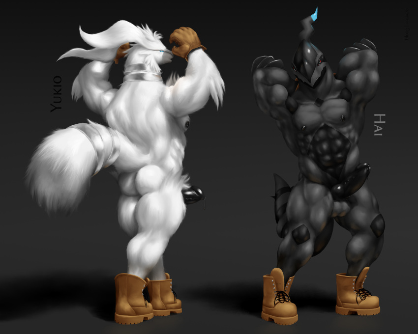 5:4 abs anthro arm_tuft ass back_muscles balls biceps black_body black_nipples black_penis black_scales blue_eyes blue_glow bodily_fluids boots boots_only chest_tuft clothing duo elbow_tuft flexing flexing_both_biceps fluffy fluffy_tail footwear footwear_only fur generation_5_pokemon genital_fluids genitals gloves glowing grey_background grin hai_(tjloog) handwear head_tuft hi_res hip_tuft humanoid knot leather legendary_pokemon long_fur looking_at_viewer male mostly_nude muscular nintendo nipples nude pecs penis pokemon pokemon_(species) pose precum red_eyes reshiram ring scales shoes shoes_only simple_background smile tail text tjloog tuft white_body white_fur yukio_(tjloog) zekrom