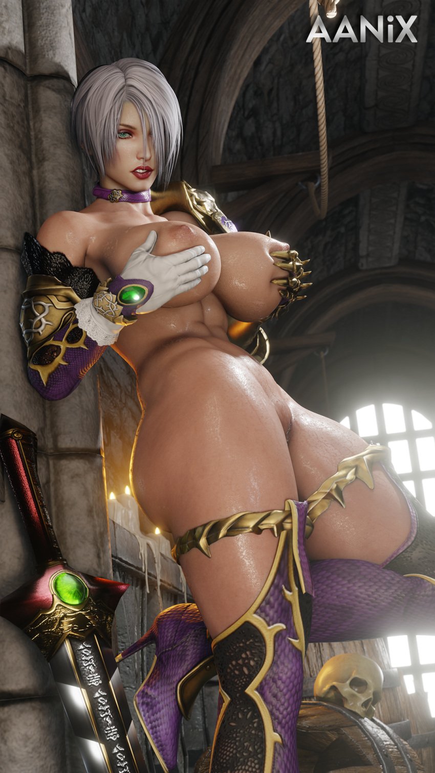 3d 3d_(artwork) aanix big_ass big_breasts big_breasts detailed_background hi_res isabella_valentine soul_calibur soul_calibur_iv soul_calibur_vi sword whip_sword white_hair wide_hips