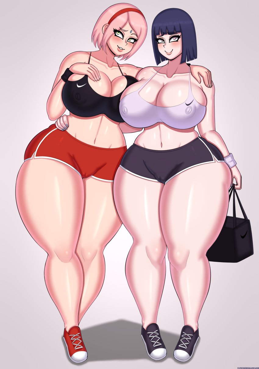 2girls alternate_body_type alternate_breast_size booty_shorts boruto:_naruto_next_generations breasts cameltoe curvy drunkavocado female female_only green_eyes haruno_sakura hi_res huge_breasts hyuuga_hinata light-skinned_female mature_female milf mother naruto naruto_(series) pink_hair puffy_pussy sakura_haruno short_hair short_shorts shorts shounen_jump sports_bra sportswear thick_thighs thighs voluptuous wide_hips