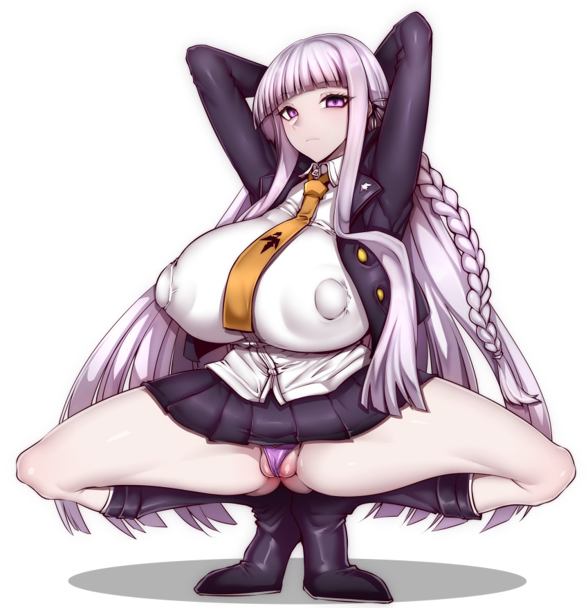 1girls 2023 alternate_version_available areola areolae arms_above_head arms_behind_head big_areola big_areolae big_breasts big_nipples braid braided_hair crouched crouching_female danganronpa danganronpa:_trigger_happy_havoc female female_focus female_only fully_clothed gggg hi_res high_resolution highres huge_breasts kirigiri_kyouko large_breasts lavender_hair long_hair necktie nipple_bulge pale-skinned_female pale_skin panties purple_eyes skirt solo solo_female solo_focus squat squatting straight_hair very_long_hair