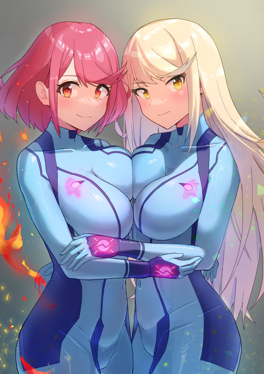 2girls breasts crossover female female_only latex metroid mythra nintendo oruru63100814 pyra samus_aran_(cosplay) xenoblade_(series) xenoblade_chronicles_2 zero_suit