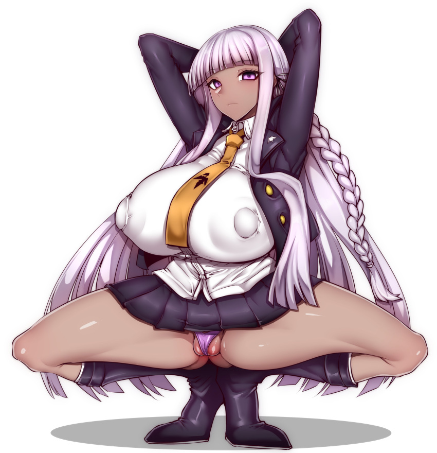 1girls 2023 alternate_version_available areola areolae arms_above_head arms_behind_head big_areola big_areolae big_breasts big_nipples bimbo braid braided_hair crouched crouching_female danganronpa danganronpa:_trigger_happy_havoc dark-skinned_female dark_skin female female_focus female_only fully_clothed gggg gyaru hi_res high_resolution highres huge_breasts kirigiri_kyouko large_breasts lavender_hair long_hair necktie nipple_bulge panties purple_eyes skirt solo solo_female solo_focus squat squatting straight_hair very_long_hair