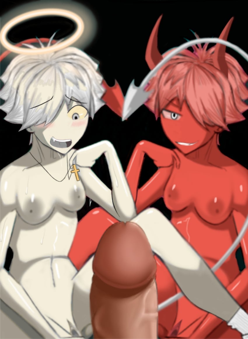 angel animalfarm56 breasts demon demon_girl demon_horns demon_tail halo hentai horn horns naked naked_female nsfw nude penis red_body red_hair small_breasts twins white_body white_hair