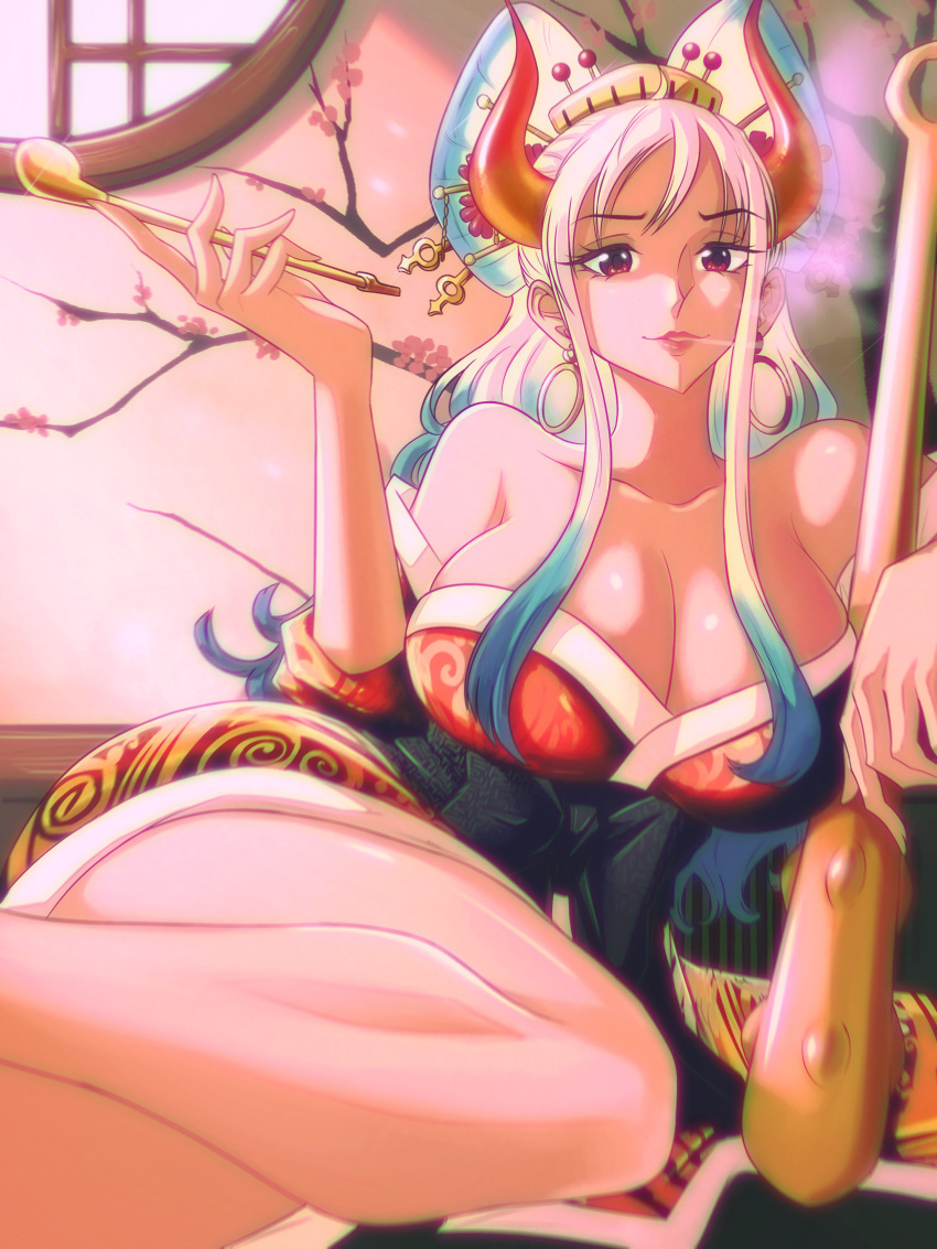 1girls big_breasts breasts female female_only kimono kiseru nihongami oiran on_side one_piece opalisart pipe smoking thighs wano_country yamato_(one_piece)