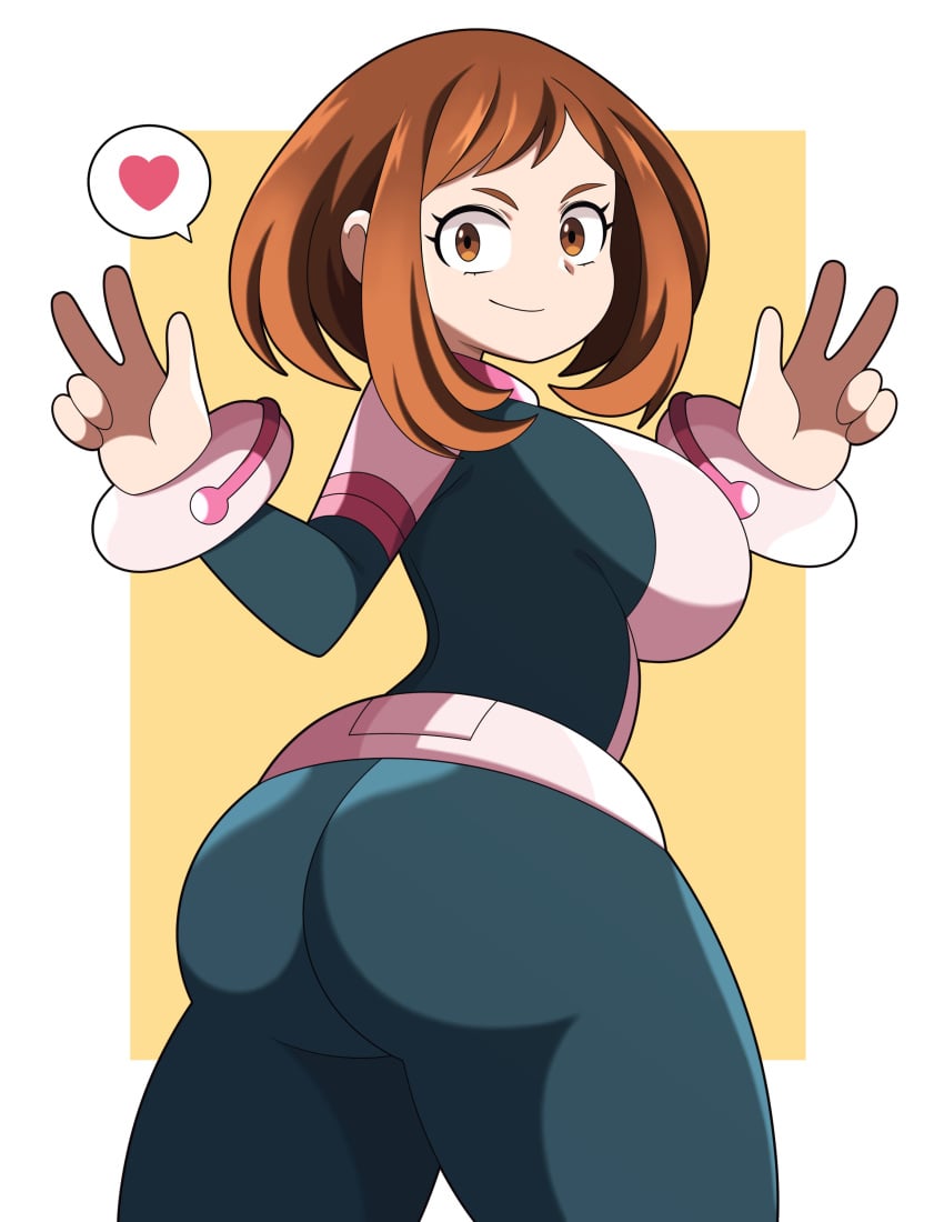 1girls abysswatchers ass brown_eyes brown_hair clothed clothed_female female female_only gesture hero_outfit_(mha) looking_at_viewer looking_back my_hero_academia ochako_uraraka short_hair sideboob solo uraraka_ochako