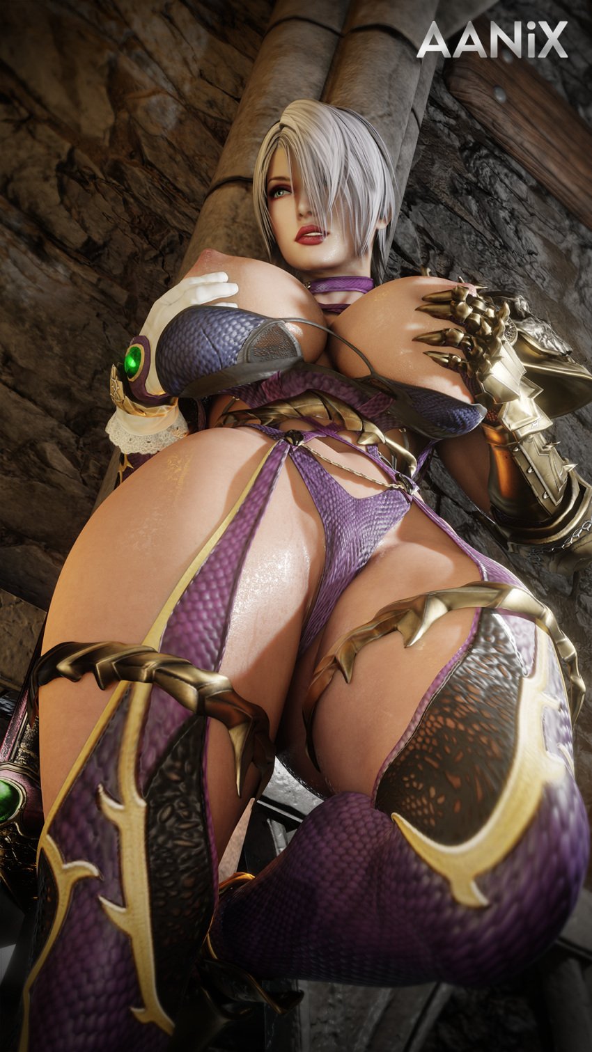 3d 3d_(artwork) aanix big_ass big_breasts detailed_background hi_res isabella_valentine nipples soul_calibur soul_calibur_iv soul_calibur_vi sword whip_sword white_hair wide_hips