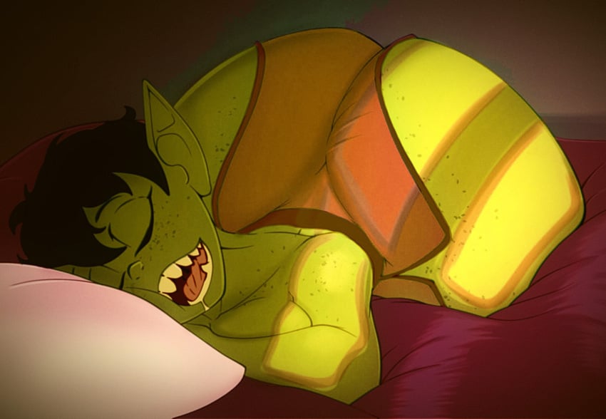 1girls ass_up bed big_ears closed_eyes elf_ears fantasy fantasy_creature geegee_(n-kosi) goblin goblin_female green_skin she-goblin sleeping wholesome