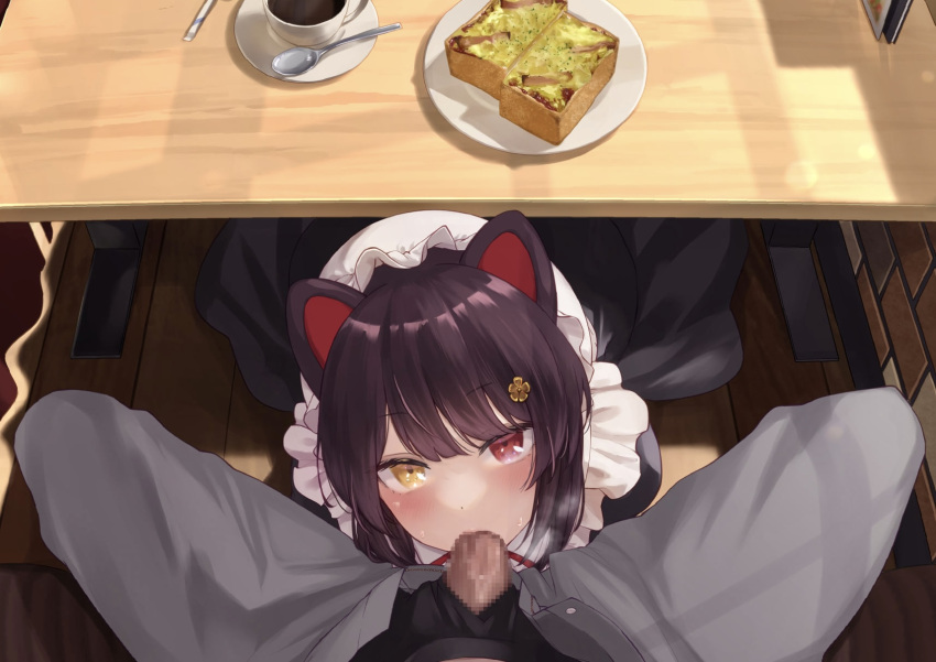 animal_ears black_hair blowjob censored coffee coffee_cup commentary_request cup deep_blowjob disposable_cup dog_ears dog_girl fellatio food grey_pants hair_ornament hairpin heterochromia highres indoors inui_toko inukai_mofu long_hair looking_at_viewer looking_up mosaic_censoring nijisanji open_pants oral pants penis red_eyes spoon straight under_the_table virtual_youtuber wa_maid yellow_eyes