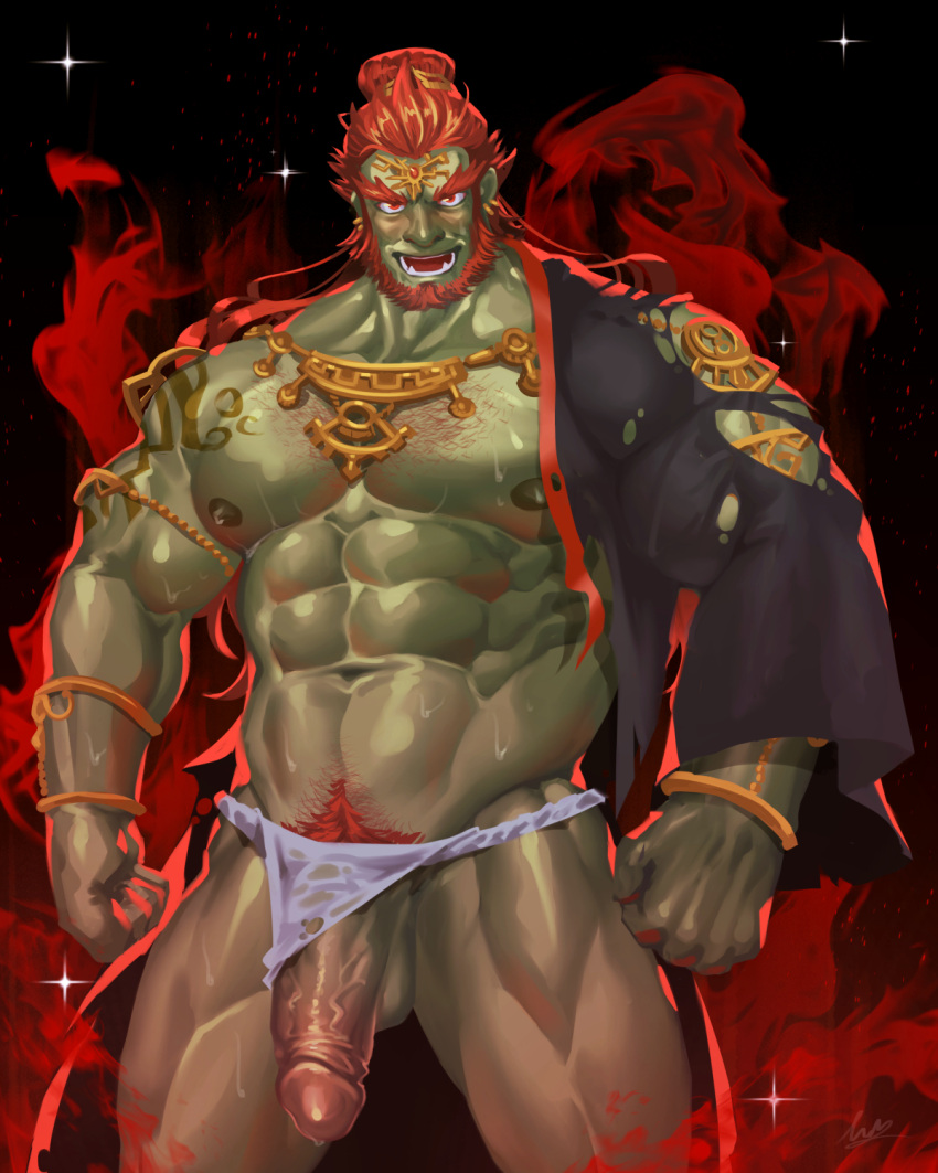 balls bara beard facial_hair flaccid fundoshi fundoshi_aside ganondorf ganondorf_(tears_of_the_kingdom) gerudo gold_jewelry green_skin jewelry laon8130 male male_only muscles muscular partially_clothed penis penis_out red_hair ripped_clothing solo solo_male sweaty tears_of_the_kingdom the_legend_of_zelda