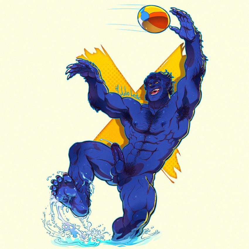 1boy abs anthro armpit_hair artist_logo artist_name balls ballsack bara barazoku beach_ball beast_(x-men) blue_fur blue_hair blue_skinned_male body_hair boner chest_hair erection facial_hair foreskin foreskin_folds fully_retracted_foreskin furry hairy_male hank_mccoy humanoid intact julio_leote male male_nipples male_only male_pubic_hair marvel marvel_comics masculine mature_male muscles muscular_male mutton_chops nude_male pecs penis perineum pointy_ears precum scrotum sharp_teeth sideburns solo testicles uncut veiny_penis wet x-men yellow_eyes