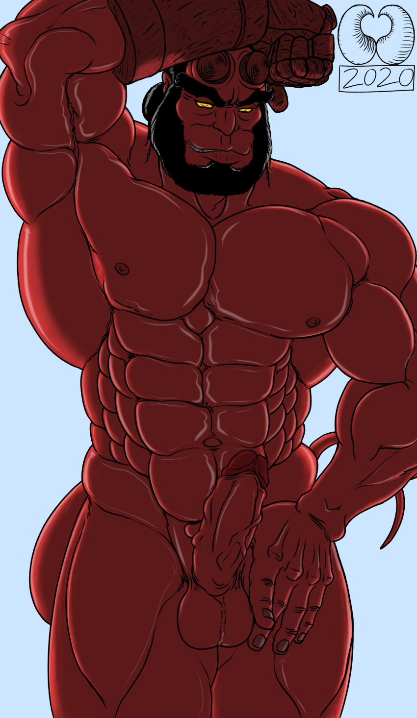 against_surface balls bara black_hair boner broken_horn dark_horse demon erection facial_hair hellboy hellboy_(series) horns leaning_on_elbow male male_only muscles muscular nude penis red_body red_skin solo solo_male tail thejmin2