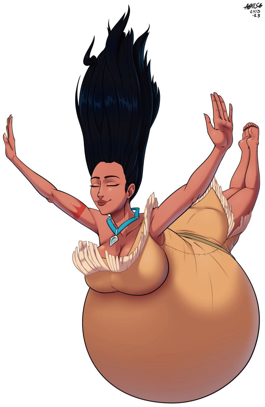 1girls a0iisa barefoot belly big_belly big_breasts black_hair breasts cleavage dark-skinned_female dark_skin disney disney_princess female huge_belly hyper_pregnancy male_focus native_american necklace pocahontas pocahontas_(character) pregnant