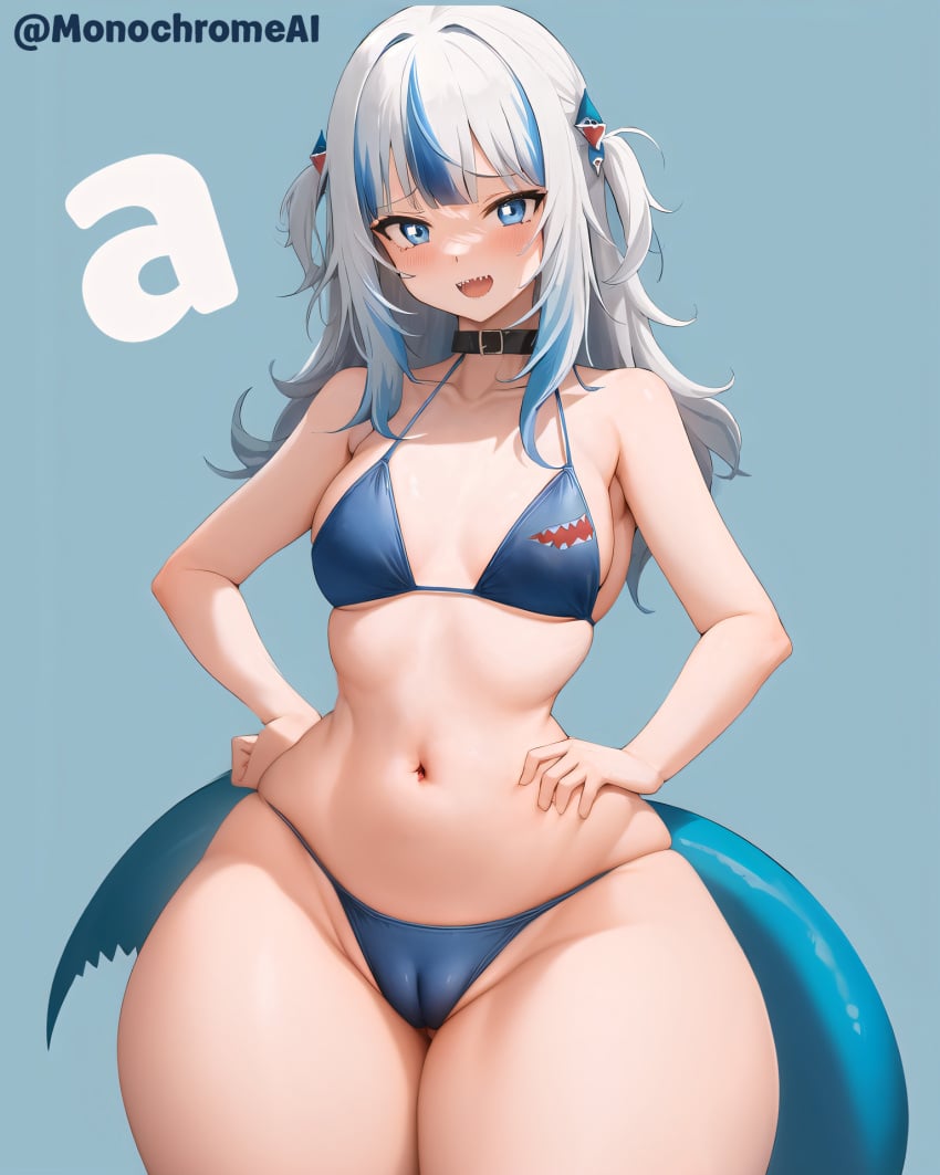 aged_up ai_generated alternate_body_type arms_on_waist bikini blue_bikini blue_highlights bottom_heavy cameltoe child_bearing_hips cleft_of_venus cropped_legs curvy fat_mons female female_only flat_chest flat_chested g-string gawr_gura hairless_pussy hand_on_hip hands_on_hips hips hololive hyper_hips light-skinned_female light_skin long_hair love_handles monochrome_ai monster_girl mound_of_venus navel shark_girl shark_tail shark_teeth sharp_teeth slender_waist small_breasts solo tail teeth thick_tail thick_thighs upper_body virtual_youtuber vtuber vulva wasp_waist white_hair wide_hips