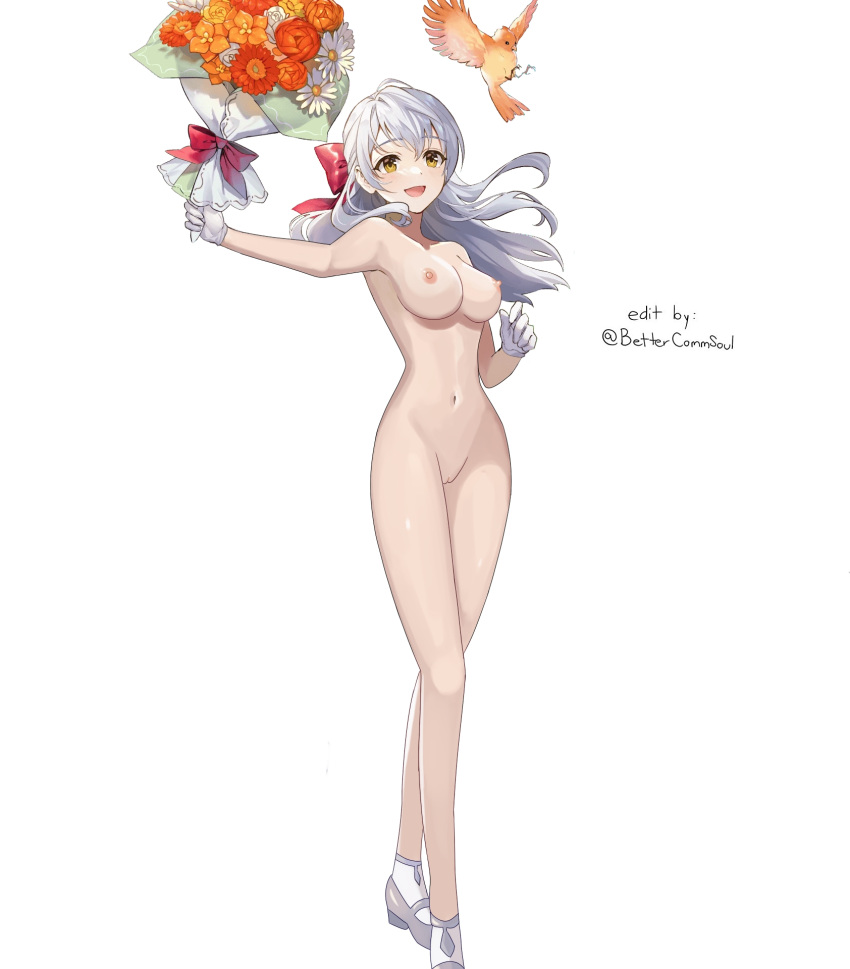 1girls armpits bare_legs bettercommsoul bird bouquet breasts bride completely_nude edit female female_only fire_emblem fire_emblem:_radiant_dawn fire_emblem_heroes flower gloves high_heels large_breasts legs long_hair micaiah_(bridal)_(fire_emblem) micaiah_(fire_emblem) naked_footwear naked_gloves naked_heels nintendo nipples nude nude_female nude_filter open_mouth pussy silver_hair solo white_background white_hair yellow_eyes yune_(fire_emblem)