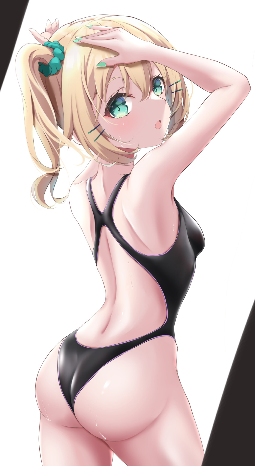 1girls arched_back arms_up ass back back_view bare_back bare_shoulders black_swimsuit black_swimwear blonde_hair blue_eyes bubble_ass bubble_butt butt exposed_back exposed_shoulders hair_accessory hi_res highres light_blush looking_at_viewer looking_back millie_parfait nail_polish nijisanji nijisanji_en one-piece_swimsuit romana_(artist) round_ass round_butt short_hair side_ponytail solo solo_female solo_focus swimsuit swimwear thighs tied_hair viewed_from_behind virtual_youtuber yellow_hair