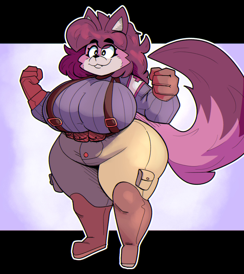 abstract_background anthro big_breasts breasts clothed clothing cloudidoodles curvaceous curvy female fox furry furry_only pink_fur purple_fur red_cross standing thick_thighs voluptuous voluptuous_female wide_hips