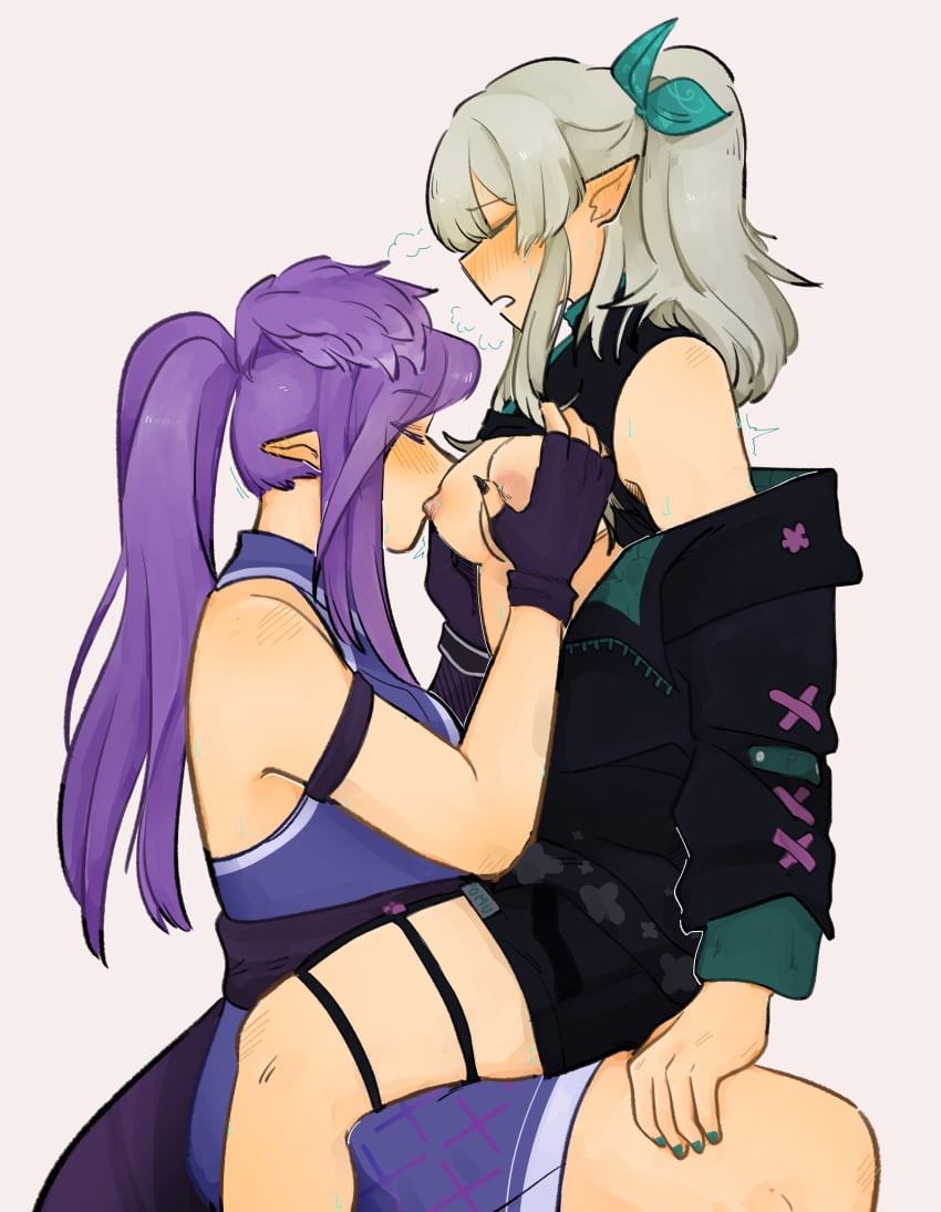 2girls bare_breasts bare_shoulders blush breast_grab breast_sucking breasts breasts_out breath_cloud closed_eyes duo duo_female duo_focus exposed_breasts exposed_shoulders female female_only fingerless_gloves grabbing_breasts gray_hair grey_hair hair_wings head_wings heavy_breathing hi_res highres huff lesbian lusifers medium_breasts multiple_girls nijisanji nijisanji_en pointy_ears pomu_rainpuff pomu_rainpuff_(3rd_costume) ponytail purple_hair selen_tatsuki selen_tatsuki_(2nd_costume) sitting_on_lap sitting_on_person sucking_nipples tail thigh_strap tied_hair twitching virtual_youtuber white_background yuri