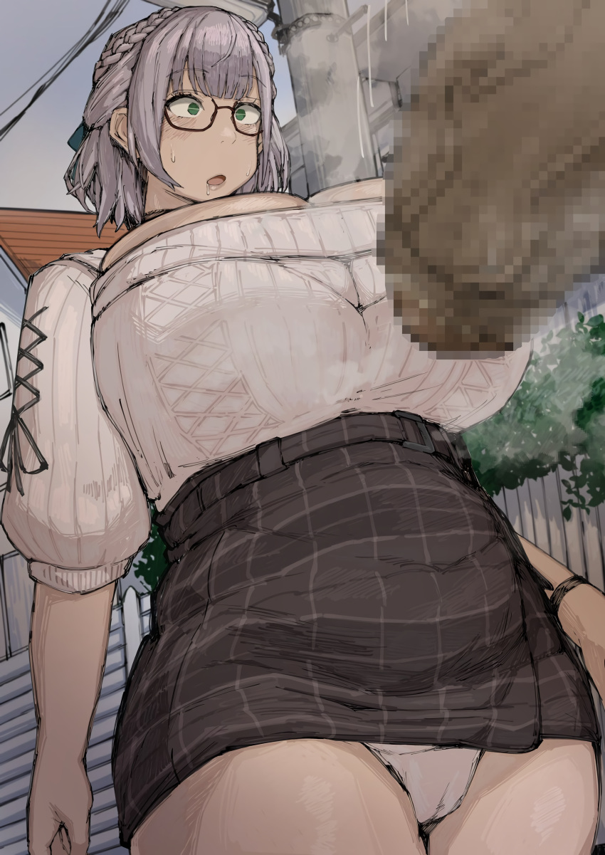 blush censored drooling gerogero51 glasses green_eyes hololive hololive_fantasy hololive_japan large_breasts mosaic_censoring penis_awe public_exposure shirogane_noel sweatdrop virtual_youtuber visible_panties vtuber white_hair white_panties