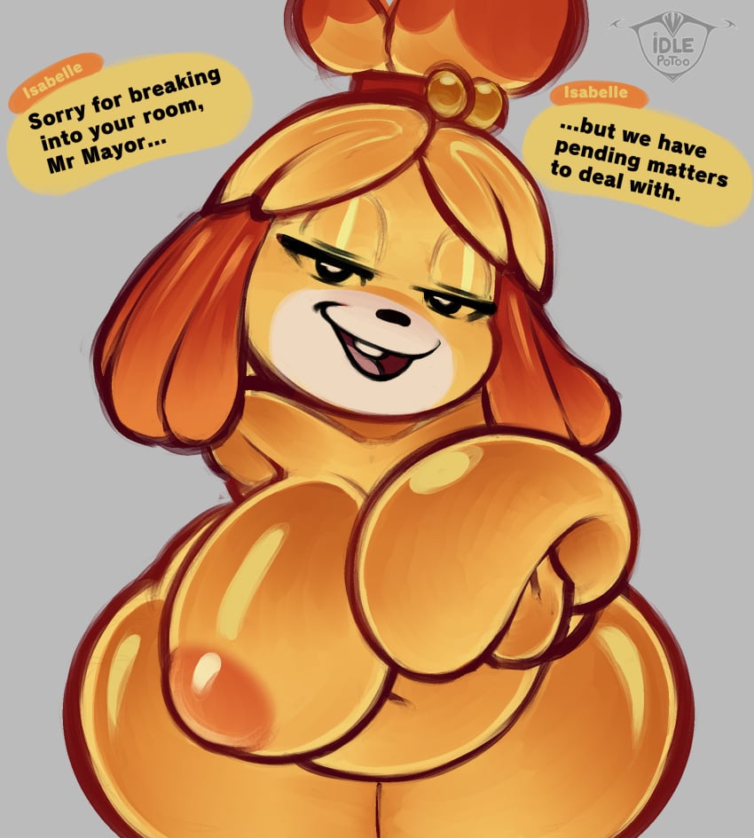 animal_crossing anthro bell belly big_breasts breasts chubby chubby_anthro chubby_female curvy_figure english_text exposed_breasts fat fur hair hanging_breasts hi_res huge_breasts idlepotoo isabelle_(animal_crossing) nintendo overweight overweight_anthro short_stack smile speech_bubble text text_box thick_thighs voluptuous wide_hips yellow_body yellow_fur