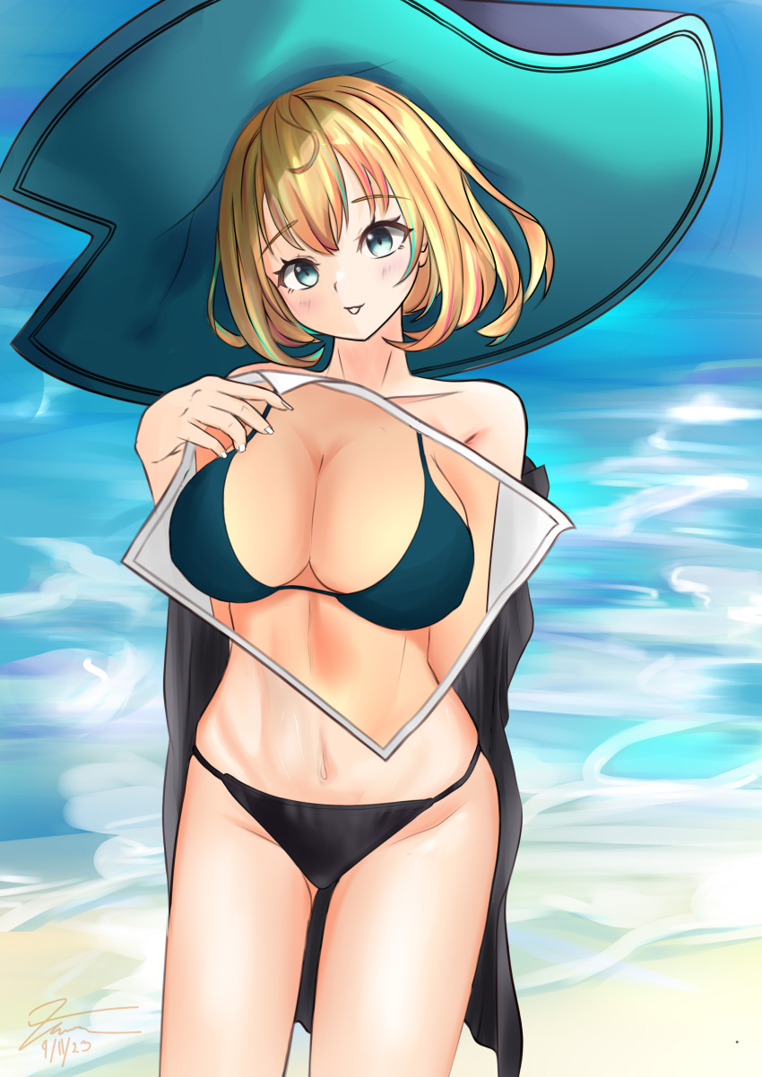 1girls bare_midriff bare_shoulders belly_button big_breasts big_hat bikini blonde_hair blue_eyes blush bob_cut breasts_covered cleavage coat coat_on_shoulders covering_breasts exposed_shoulders exposed_torso hat hi_res hiding_breasts highres holding_object holding_picture large_breasts midriff millie_parfait navel nijisanji nijisanji_en picture_(object) short_hair solo solo_female solo_focus swimsuit swimwear thighs virtual_youtuber witch_hat xana404 yellow_hair