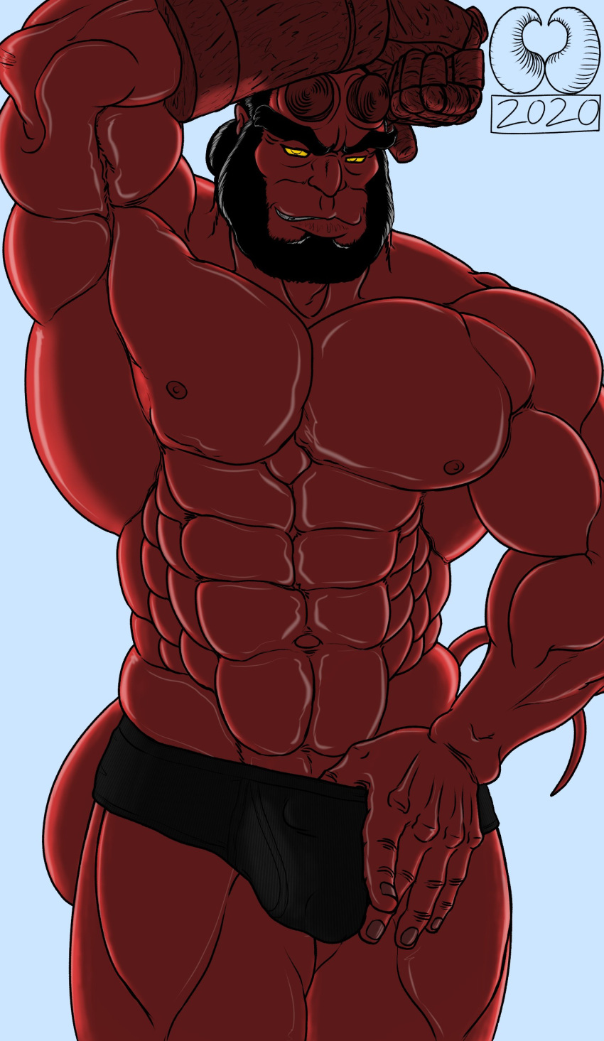 against_surface balls bara black_hair broken_horn bulge dark_horse demon facial_hair flaccid hellboy hellboy_(series) horns leaning_on_elbow male male_only muscles muscular penis red_body red_skin solo solo_male tail thejmin2 underwear underwear_only