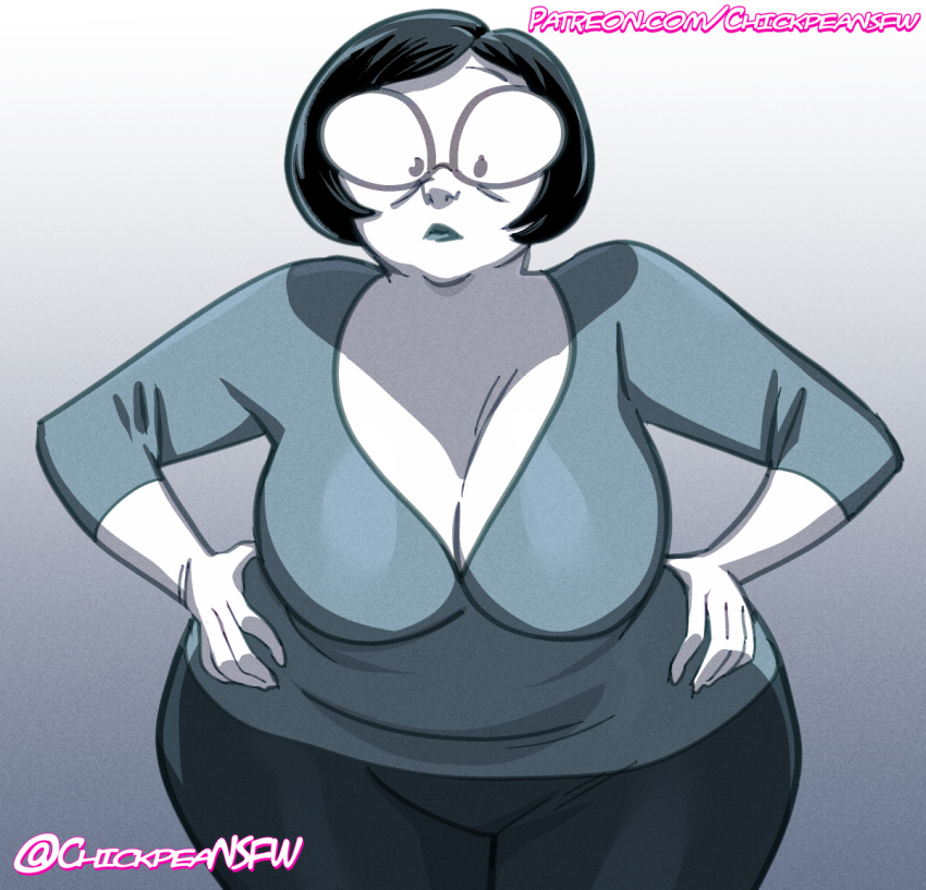 1girls 2023 anya's_ghost bbw big_breasts chickpea clothed female female_only glasses gradient_background gray_background grey_background grey_theme hands_on_hips huge_breasts looking_at_viewer milf mrs._borzakovskaya sfw short_hair simple_background