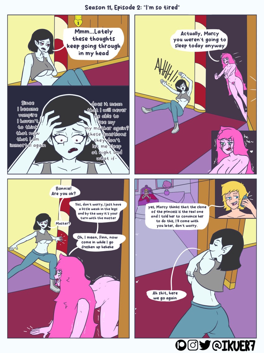 adventure_time ass bedroom bedroom_eyes big_ass big_breasts blonde_hair breasts cartoon_network clone clothing comic comic_strip cum cum_drip cum_dripping cum_in_ass cum_in_pussy cum_inside detailed_background dialog dialogue disheveled feet female finn_the_human green_eyes hairy_pussy huge_breasts ikuer7 male marceline mascara mascara_tears meme messy messy_hair mind_break naughty_face on_all_fours orgasm orgasm_face p-bot pink_hair pink_skin pleasure_face princess_bubblegum pubic_hair running_makeup running_mascara runny_makeup shaking shaking_ass slave text text_bubble underboob