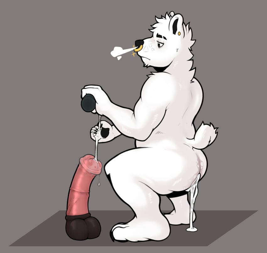 absurd_res anthro ass bear bear_tail behemothking bodily_fluids bored bored_expression breath chin_tuft chubby_male colored crouching digital_drawing_(artwork) digital_media_(artwork) dildo ear_piercing ear_ring facial_piercing facial_tuft fingers frown fur glint gold_(metal) gold_jewelry hi_res jewelry looking_down looking_down_at_object looking_down_at_penis looking_tired lube lube_bottle lube_drip lube_in_ass lube_on_dildo lube_on_hand lube_on_sex_toy lube_string male mammal neck_tuft nikto_(mothyking) nose_piercing nose_ring nude piercing polar_bear portrait ring_piercing sex_toy shaded short_tail shoulder_tuft side_view simple_background slightly_chubby solo squatting_position tail tired tired_eyes tuft ursine white_body white_fur