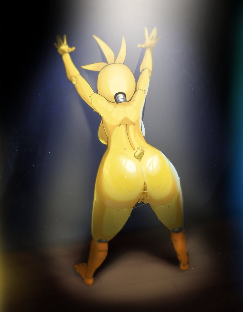 against_wall anthro artificial_intelligence bent_over bubble_butt butthole chicken digital_media_(artwork) five_nights_at_freddy's five_nights_at_freddy's_2 md-thetest mdthetest on_stage orange_body presenting_anus presenting_hindquarters presenting_pussy robot sideboob solo spotlight stage toy_chica_(fnaf) yellow_body