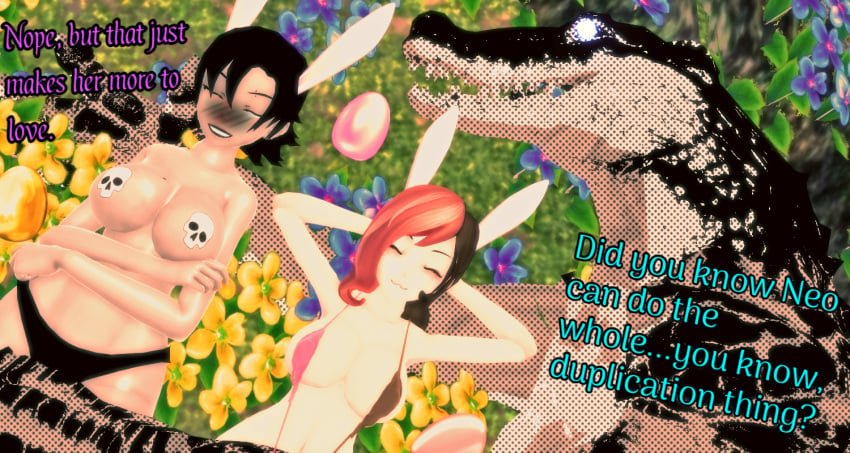 1boy 2girls anthro arm_around_partner blush censored_nipples comic content_smile crocodilian female female_only flowers garden large_breasts laying_on_back mikumikudance oc playboy_bunny psychogator swimsuit thick_thighs uwu