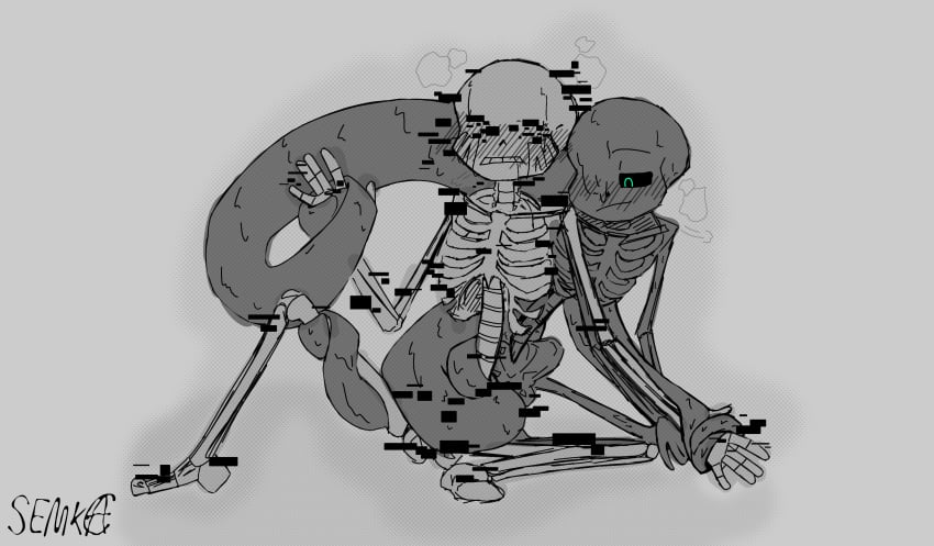 2boys 2d 2d_(artwork) animated_skeleton artist_signature blush_lines bones covering_eyes dreamtale dreamtale_au error_sans_(fan_character) errortale greyscale male male_only monochrome nightmare_sans_(fan_character) no_color no_genitals sans sans_au sanscest selfcest simple_background skeleton sketch tentacles undertale undertale_(series) undertale_au