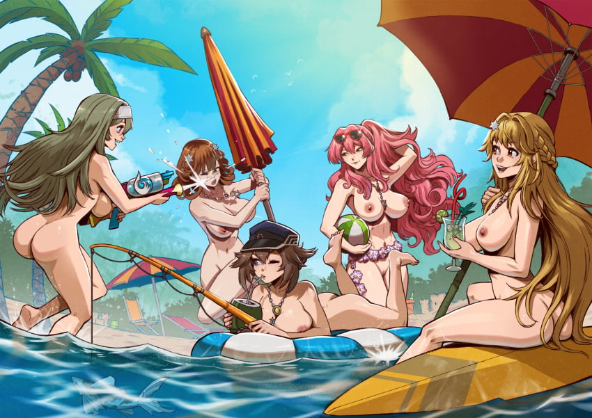 5girls beach beach_ball blonde_hair brown_hair danusko exosister_elis exosister_irene exosister_martha exosister_sofia exosister_stella exosisters multiple_girls nude nude_female pink_hair umbrella water watergun yu-gi-oh!