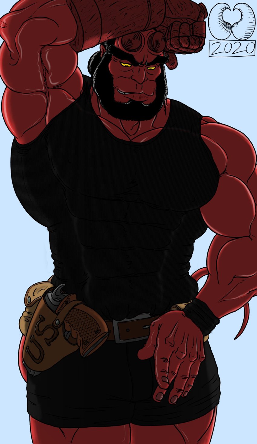 against_surface bara black_hair broken_horn bulge dark_horse demon facial_hair flaccid fully_clothed hellboy hellboy_(series) horns leaning_on_elbow male male_only muscles muscular no_visible_genitalia red_body red_skin shorts solo solo_male tail tank_top thejmin2