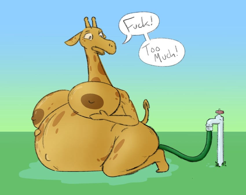 1girls anthro areola belly big_belly breast_expansion breasts bursting dialogue expansion female female_only giraffe giraffid hi_res inflation liquid_inflation mammal nerea_(nezzieplump) nezzieplump overweight popping solo thick_thighs water_inflation