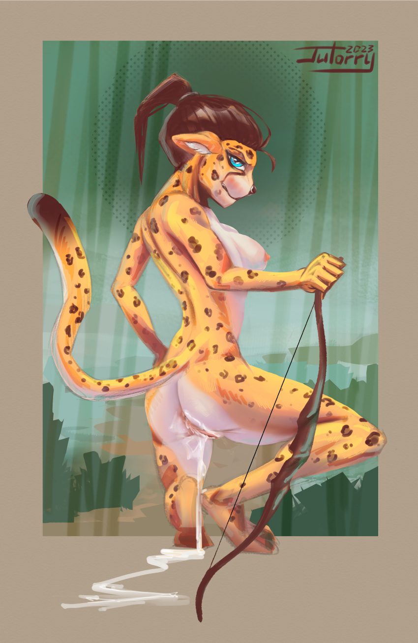 absurd_res anthro anus bodily_fluids cheetah digital_media_(artwork) felid feline female fur genitals hair hi_res jutorry looking_at_viewer mammal nipples nude pussy simple_background solo tail