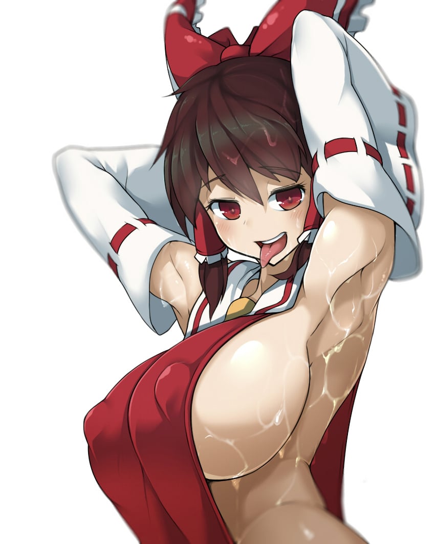 1girls armpits arms_behind_head big_breasts blush breasts busty cleavage covered_erect_nipples female female_focus female_only hakurei_reimu huge_breasts looking_at_viewer naughty_face open_mouth pose posing reimu_hakurei sensual sexy_armpits sideboob sinensian smile solo sweat sweaty_armpit sweaty_armpits sweaty_breasts tongue tongue_out touhou voluptuous wet_armpit wet_armpits wet_body